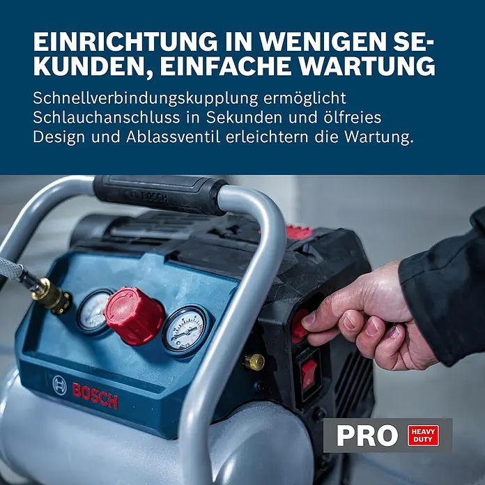 Bosch Professional AMPShare 18V Akku-Kompressor GKO18V-51 - 18 V, 8 bar - Eine Person bedient einen blauen Bosch Kompressor, der schnelle Einrichtung und einfache Wartung demonstriert.