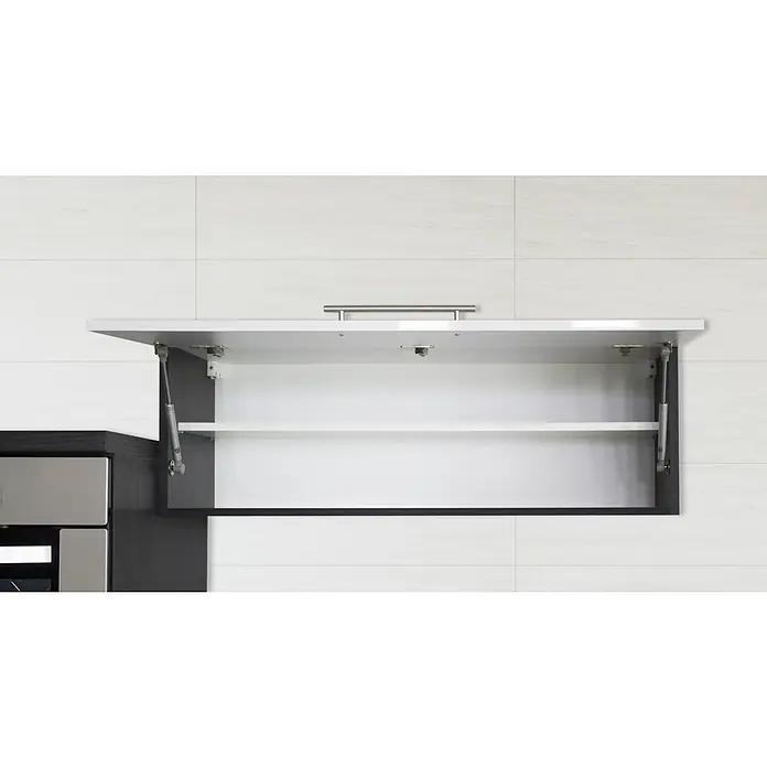 Respekta Premium Küchenzeile RP300EWCBO - Breite: 300 cm, Weiß, Mit Elektrogeräten - Ein offener Küchenschrank in Schwarz und Weiß mit einem Griff aus gebürstetem Nickel und zwei Gasdruckfedern, die die Tür halten.