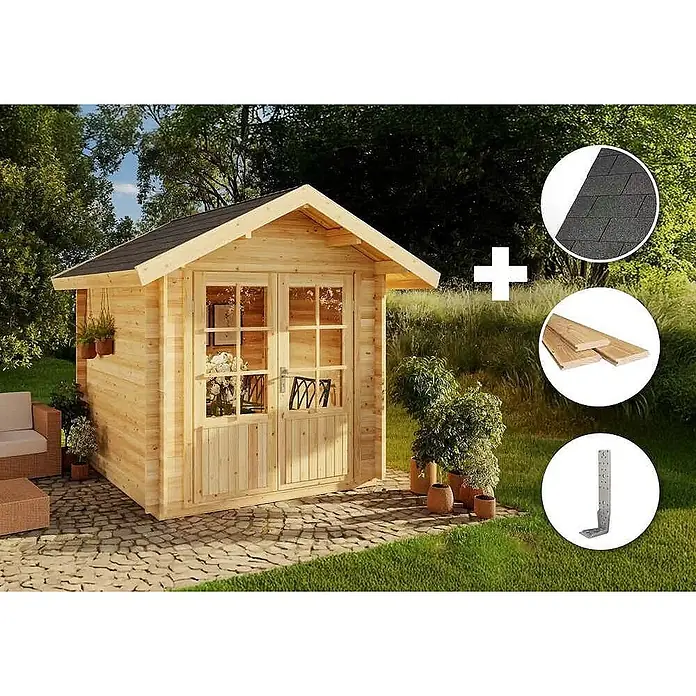 Alpholz Gartenhaus ECO Set Palma imprägniert - Außenmaß inkl. Dachüberstand (B x T): 260 x 261 cm, Holz, Pinie - Helles Gartenhaus aus Holz mit dunklem Schindeldach und Doppeltüren. Kreise zeigen Dachschindeln, Holzbretter und einen Metallwinkel.