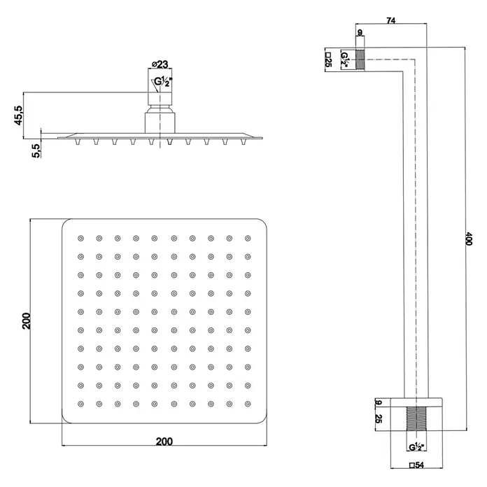 Kiamami Valentina Brause-Set - Chrom - Technische Zeichnung eines quadratischen Metall-Duschkopfs (200x200mm) mit 400mm Wandarm, G½"-Anschlüssen und Maßen.