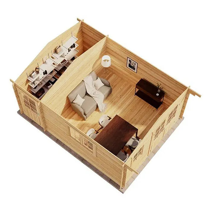 Alpholz Gartenhaus Jennifer - Außenmaß inkl. Dachüberstand (B x T): 400 x 550 cm, Holz, Naturbelassen - Holzhütten-Interieur mit Wohn-, Ess- und Arbeitsbereichen. Helle Holzwände und -boden, möbliert mit Sofa, Tisch und Regalen.