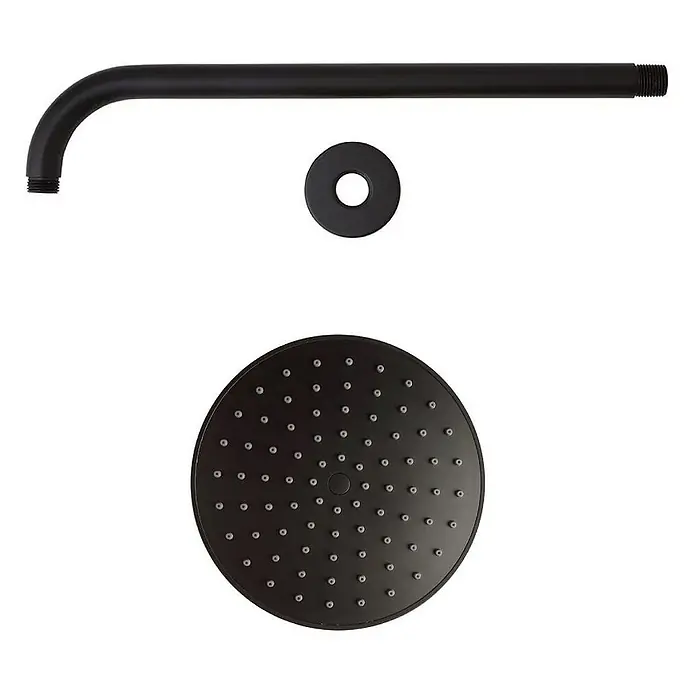 Kiamami Valentina Brause-Set - Schwarz - Schwarzes Duschset mit L-förmigem Arm, runder Rosette und rundem Regenduschkopf.