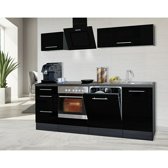 Respekta Premium Küchenzeile RP220ESCBO (Breite: 220 cm, Mit Elektrogeräten, Schwarz Hochglanz)