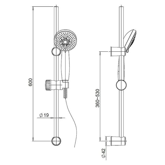Kiamami Valentina Brause-Set - Chrom - Technische Zeichnung einer Brausestange und Handbrause mit Maßen: 600mm Gesamtlänge, 19mm Stangendurchmesser, 360-530mm verstellbare Brausehöhe.