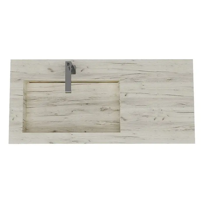 Kiamami Valentina Aufsatzwaschbecken - 46 x 100 cm, Grau - Helle Waschtischplatte in Holzoptik mit integriertem eckigen Waschbecken und modernem silbernen Wasserhahn.
