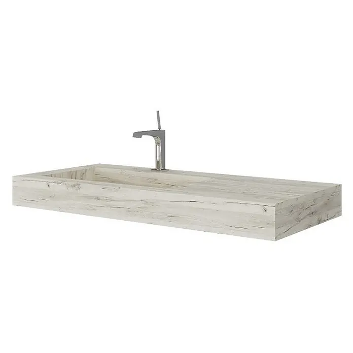 Kiamami Valentina Aufsatzwaschbecken - 46 x 100 cm, Grau - Waschtisch in heller Holzoptik mit integriertem rechteckigem Becken und modernem Chromwasserhahn.