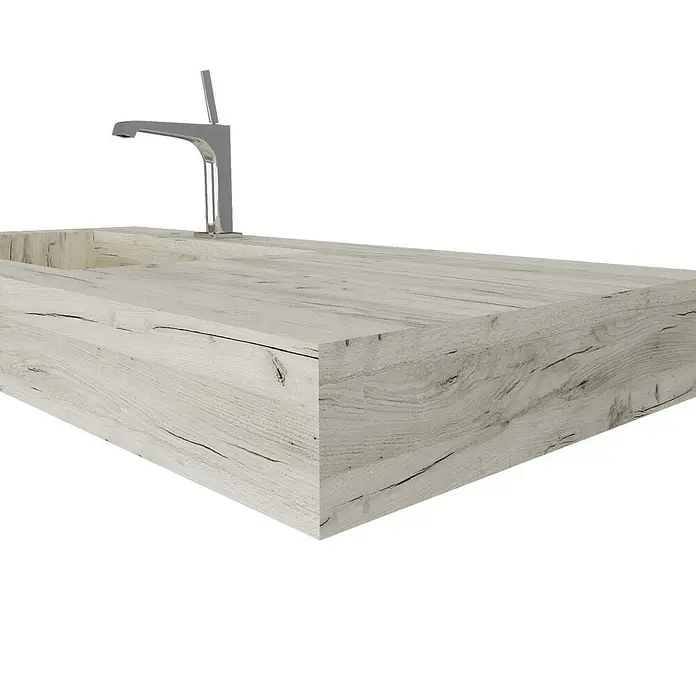 Kiamami Valentina Aufsatzwaschbecken - 46 x 100 cm, Grau - Waschtischplatte in heller Holzoptik mit integriertem Waschbecken und Chromarmatur.