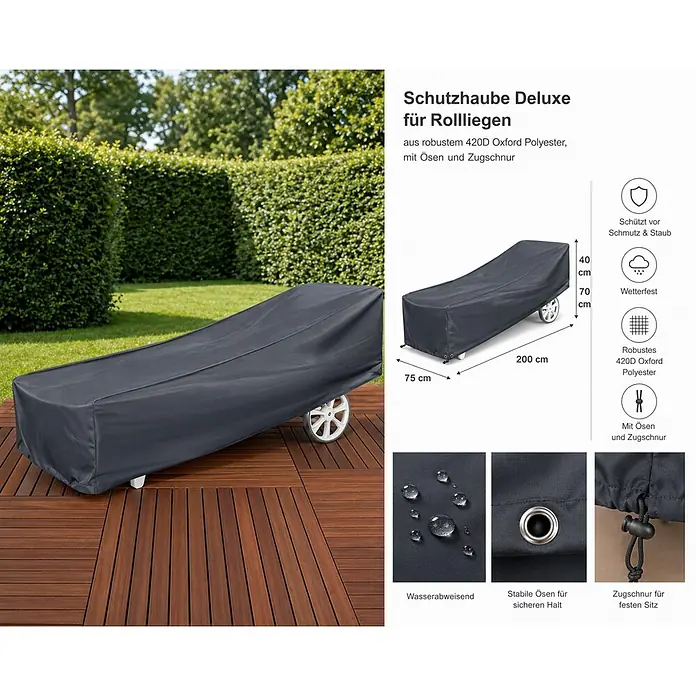 Westerholt Gartenliege Schutzhülle - L x B x H: 200 x 75 x 40 cm, Polyester, Anthrazit - Dunkelgraue 420D Oxford Polyester Schutzhaube auf einer Sonnenliege im Garten.