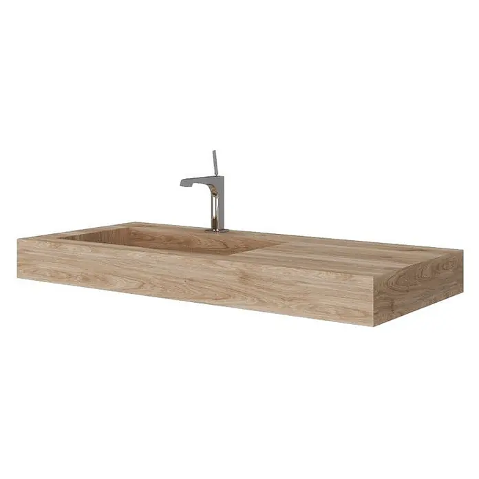 Kiamami Valentina Aufsatzwaschbecken - 460 x 1.000 cm, Helles Holz - Waschtisch aus hellem Holz mit integriertem Becken und Chromarmatur.
