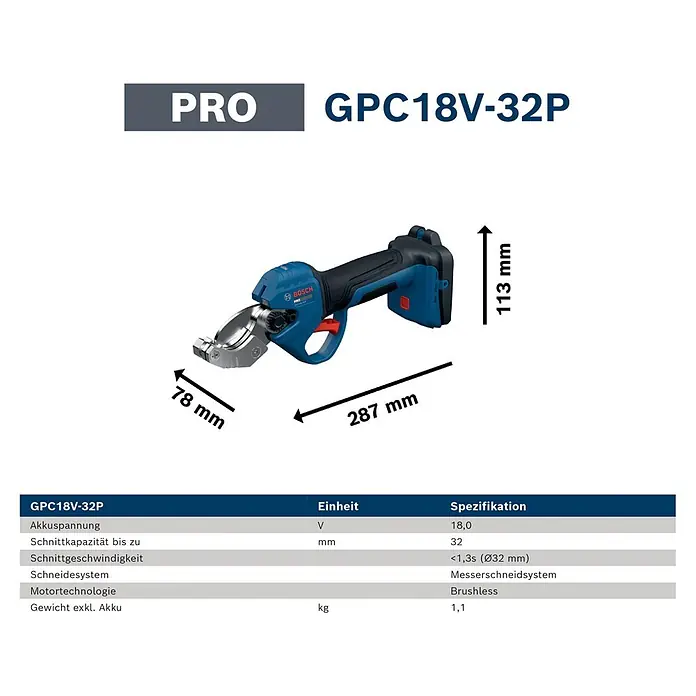 Bosch Professional AMPShare 18V Akku-Rohrschere GPC18V-32P - 18 V, Anzahl Akkus: Ohne Akku, Inkl. L-BOXX 136 - Blaue und schwarze Bosch GPC18V-32P Akku-Astschere mit 32mm Schnittkapazität und bürstenlosem Motor.