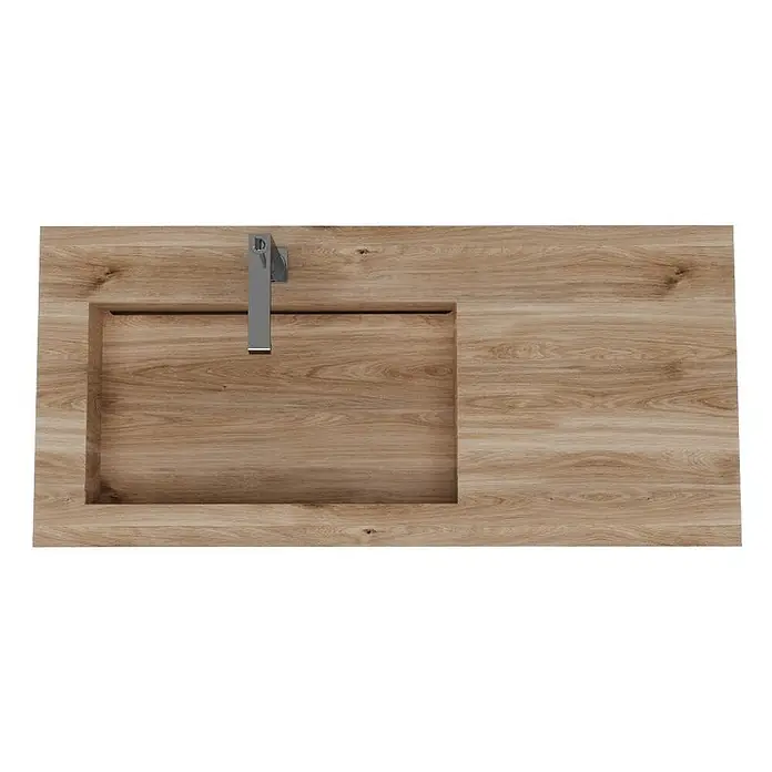 Kiamami Valentina Aufsatzwaschbecken - 460 x 1.000 cm, Helles Holz - Helle Holzwaschplatte mit integriertem rechteckigem Waschbecken und modernem Silberhahn.