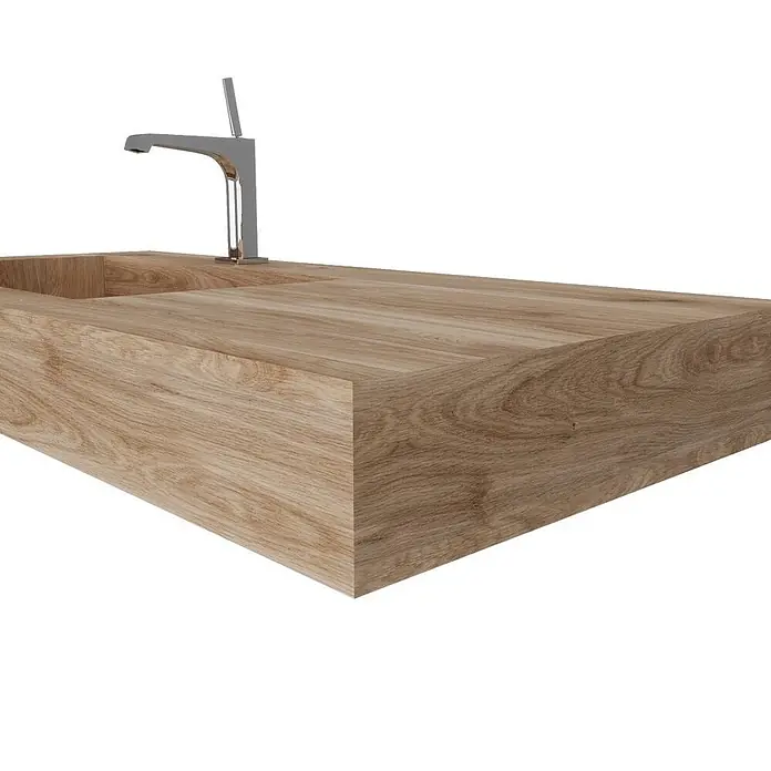 Kiamami Valentina Aufsatzwaschbecken - 460 x 1.000 cm, Helles Holz - Waschtischplatte aus hellem Holz mit integriertem Waschbecken und Chromarmatur.