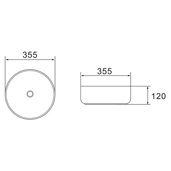 Kiamami Valentina Aufsatzwaschbecken - 35,5 x 35,5 cm, Weiß - Technische Zeichnung eines runden Beckens mit 355mm Durchmesser und 120mm Höhe.