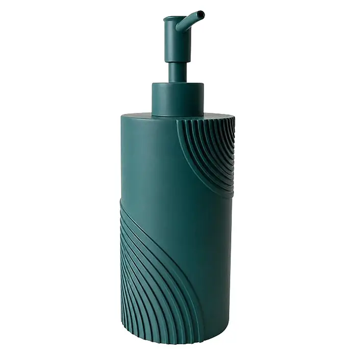 Camargue Seifenspender Design - Harz, Petrol - Dunkelpetrolfarbener Seifenspender mit Pumpe und geschwungenem Rippendesign auf zylindrischem Körper.