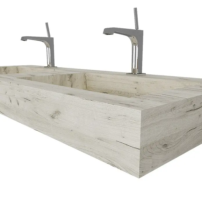 Kiamami Valentina Aufsatzwaschbecken - 46 x 120 cm, Grau - Doppelwaschtisch aus hellem Holz mit zwei Chromarmaturen.
