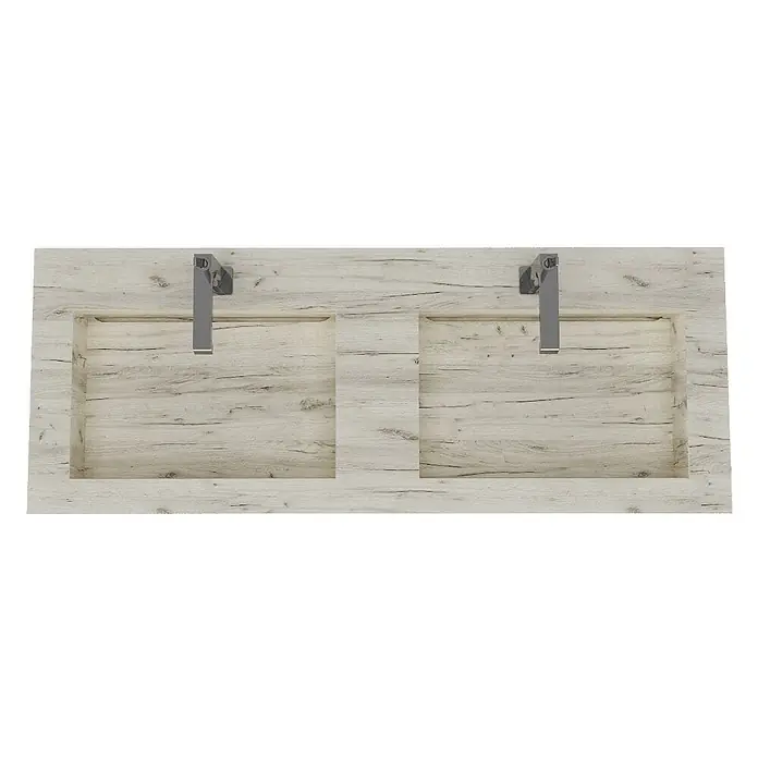Kiamami Valentina Aufsatzwaschbecken - 46 x 120 cm, Grau - Doppelwaschtischplatte in heller Holzoptik mit integrierten Becken und Armaturen.