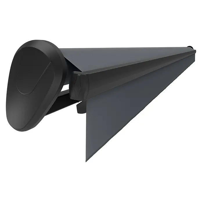 Spettmann Gelenkarmmarkise 1063 - Dunkelgrau, Farbton Gestell: DB 703, Breite: 5 m, Ausfall: 3 m - Dunkelgraue Stoffmarkise mit robustem dunklem Gehäuse, teilweise ausgefahren.