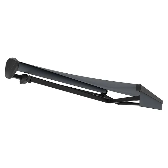 Spettmann Gelenkarmmarkise 1063 - Dunkelgrau, Farbton Gestell: DB 703, Breite: 5 m, Ausfall: 3 m - Dunkelgraue Markise mit schwarzen Gelenkarmen, teilweise ausgefahren.