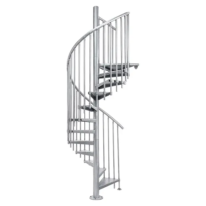 Atrium Spindeltreppe Heavy Metal Vertical - Farbton Metall: RAL 9006, Durchmesser: 119 cm, Riffelblech, Geschosshöhe: 280 cm - 300 cm - Silberne Metall-Wendeltreppe mit strukturierten Stufen und Handlauf, freistehende Ausführung.