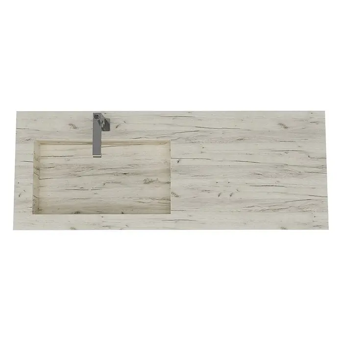 Kiamami Valentina Aufsatzwaschbecken - 460 x 1.200 cm, Holzoptik - Heller Waschtisch in Holzoptik mit integriertem, rechteckigem Waschbecken und modernem Chromwasserhahn.
