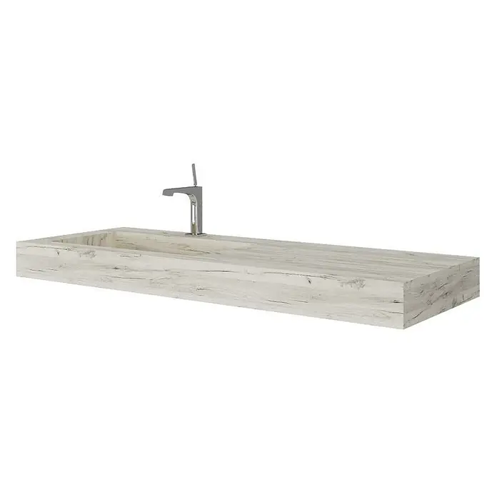 Kiamami Valentina Aufsatzwaschbecken - 460 x 1.200 cm, Holzoptik - Langes, rechteckiges Waschbecken aus hellem Altholz mit integriertem Becken und Chromarmatur.
