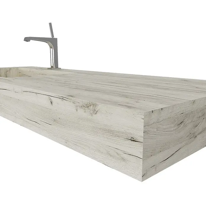 Kiamami Valentina Aufsatzwaschbecken - 460 x 1.200 cm, Holzoptik - Waschbeckenunterschrank in heller Holzoptik mit integriertem modernem Chromhahn.