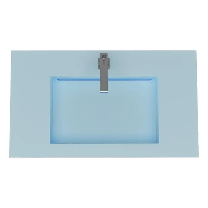 Kiamami Valentina Aufsatzwaschbecken - 46 x 80 cm, Hellblau - Hellblaues Badezimmerwaschbecken mit integrierter Arbeitsplatte und modernem silbernem Wasserhahn, von oben gesehen.