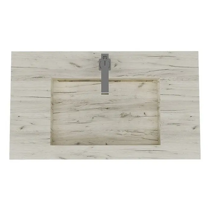 Kiamami Valentina Aufsatzwaschbecken - 46 x 80 cm, Grau - Helle Holzwaschtischplatte mit integriertem Becken und modernem grauem Wasserhahn.