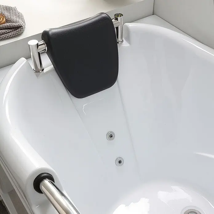 Kiamami Valentina Badewanne - 1.700 x 780 cm, ABS-Kunststoff und Acryl, Weiß - Weiße Badewanne mit schwarzer Kopfstütze, Chromdüsen und Haltegriff für Hydrotherapie.