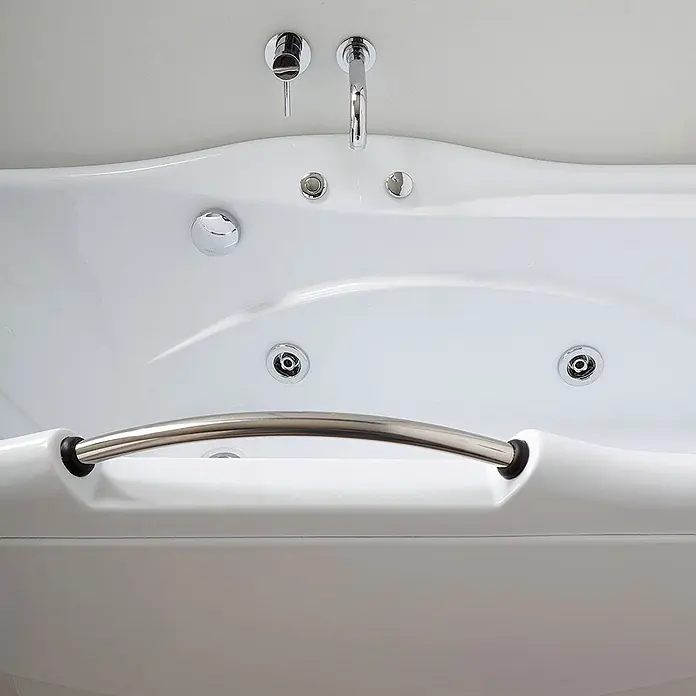 Kiamami Valentina Badewanne - 1.700 x 780 cm, ABS-Kunststoff und Acryl, Weiß - Weiße Whirlpool-Badewanne mit Chromarmaturen, Massagedüsen und Edelstahl-Haltegriff.