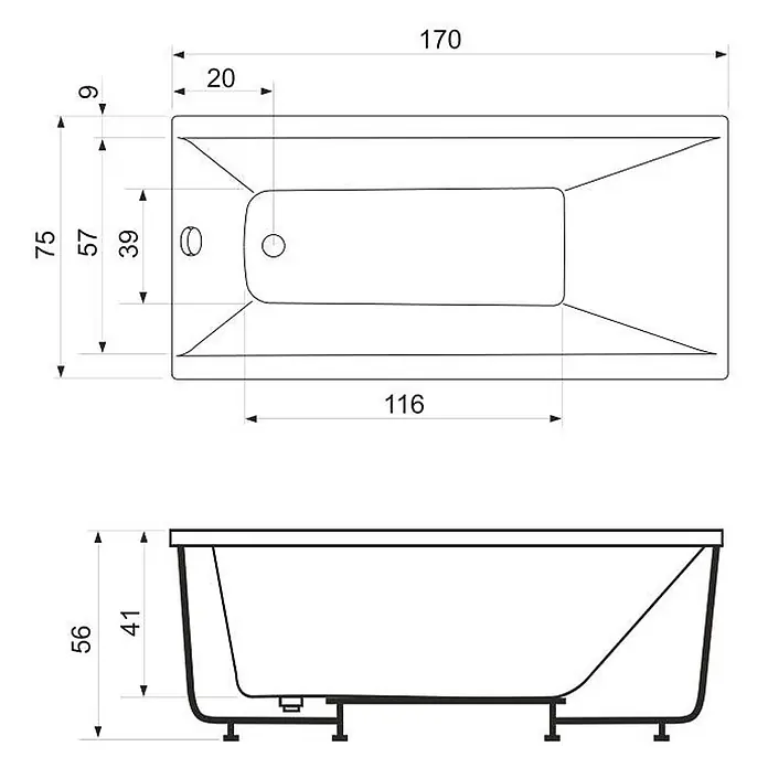 Kiamami Valentina Badewanne - 1.700 x 750 cm, Abs e Acrilico, Weiß - Technische Zeichnung einer rechteckigen Badewanne mit Draufsicht, Seitenansicht und Maßen.