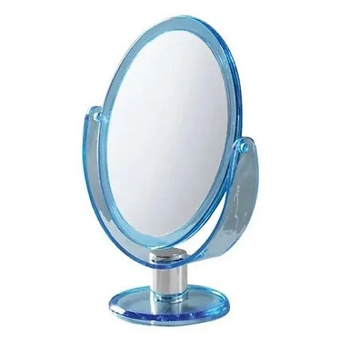 Kiamami Valentina Kosmetikspiegel - 0,02 x 0,02 cm, Rund, Blau - Blauer transparenter doppelseitiger Kosmetikspiegel aus Kunststoff mit silbernem Ständer und Sockel.