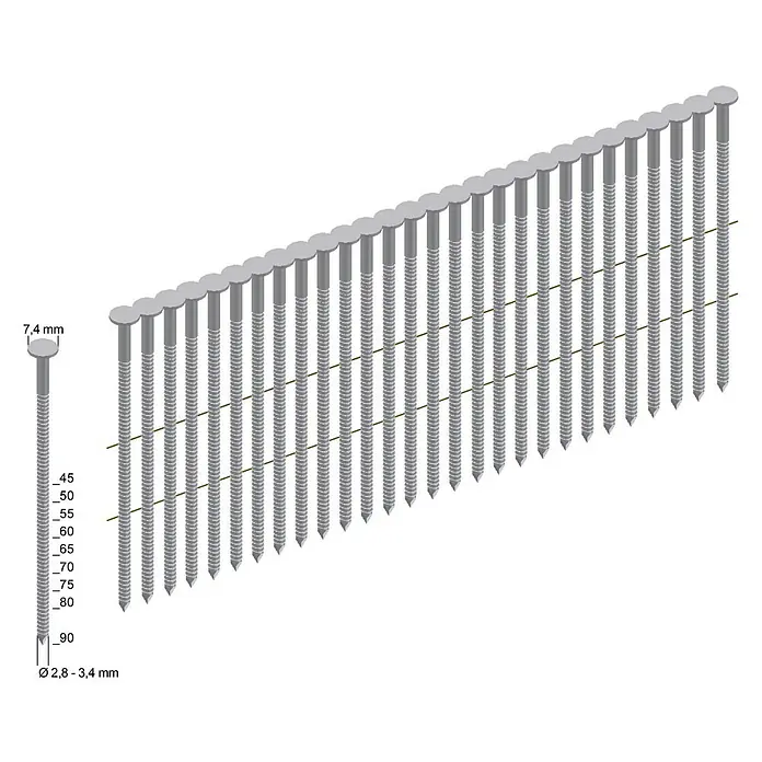 Prebena Coilnagel Typ CNW Verzinkt Ringschaft - Länge: 65 mm, 1.000 Stk. - Streifennägel, verbunden durch Draht, zur Verwendung in Druckluftnagelgeräten. Ideal für Bau- und Befestigungsarbeiten.