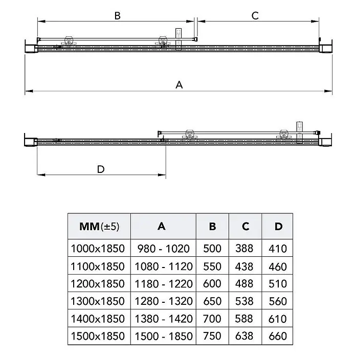 Kiamami Valentina Nischendusche - 50 x 1.850 cm, Transparent, 6 mm - Technische Zeichnung mit Maßen A, B, C, D und einer Tabelle, die diese Werte für verschiedene Produktgrößen auflistet.