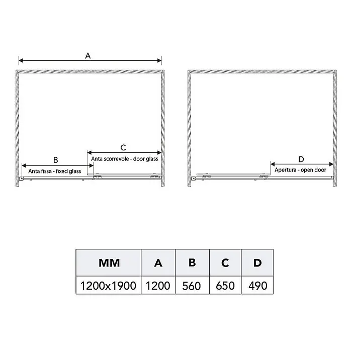 Kiamami Valentina Eckdusche - 1.200 x 700 x 1.900 cm, Transparent, Stärke: 6 mm - Technische Zeichnung einer Duschkabine mit Maßen für Festglas, Schiebetür und Öffnung. Tabelle zeigt Maße für 1200x1900 MM Modell.