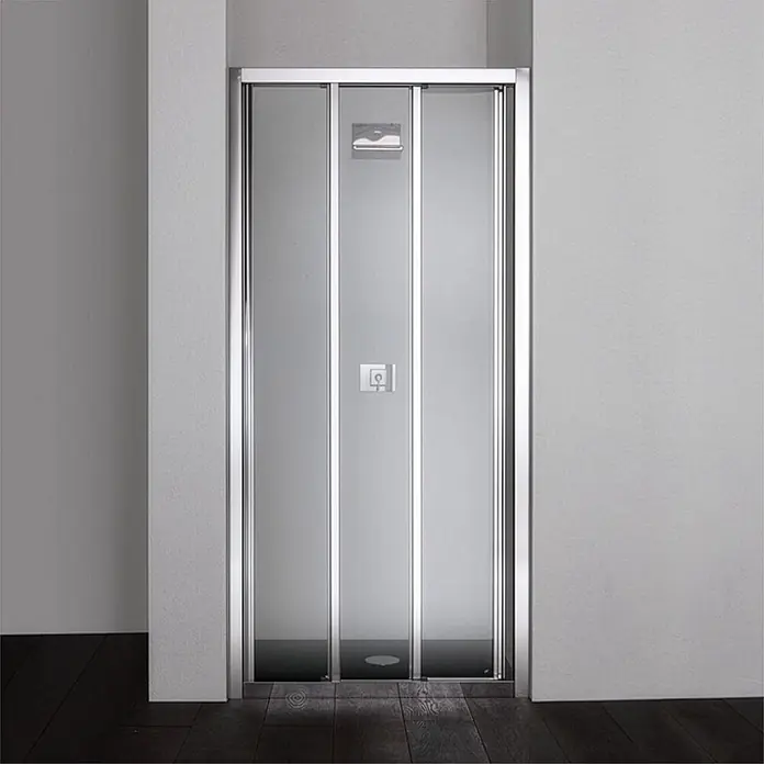 Kiamami Valentina Nischendusche - 50 x 1.850 cm, Transparent, 5 mm - Faltbare Duschkabinentür aus Milchglas mit silbernem Rahmen, zwischen zwei Wänden installiert.