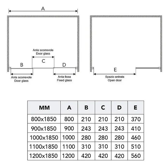 Kiamami Valentina Nischendusche - 50 x 1.850 cm, Transparent, 5 mm - Diagramm einer Duschkabine mit Schiebe- und Festglas, Maße A-E und zugehörige Messtabelle.