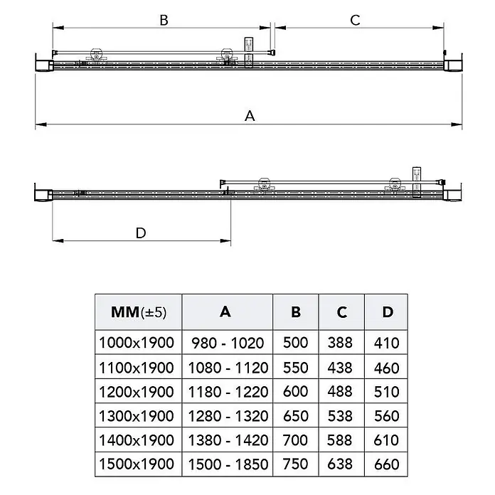 Kiamami Valentina Nischendusche - 50 x 1.900 cm, Schwarz, 6 mm - Technische Zeichnung eines Schiebetürmechanismus, mit Maßen A, B, C, D und einer Tabelle der entsprechenden Messungen.
