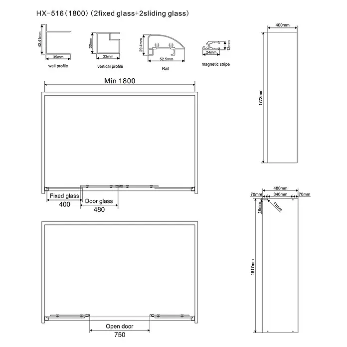 Kiamami Valentina Eckdusche - 1.800 x 800 x 1.850 cm, Transparent, Stärke: 6 mm - Technische Zeichnung eines Glasabtrennungssystems (2 fest, 2 Schiebe) mit detaillierten Maßen für Glas, Profile und Öffnung.