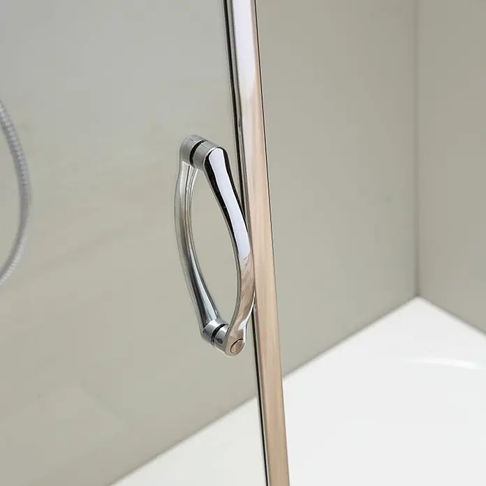Kiamami Valentina Eckdusche - 1.800 x 800 x 1.850 cm, Transparent, Stärke: 6 mm - Verchromter Duschkabinentürgriff an einer Klarglasscheibe.