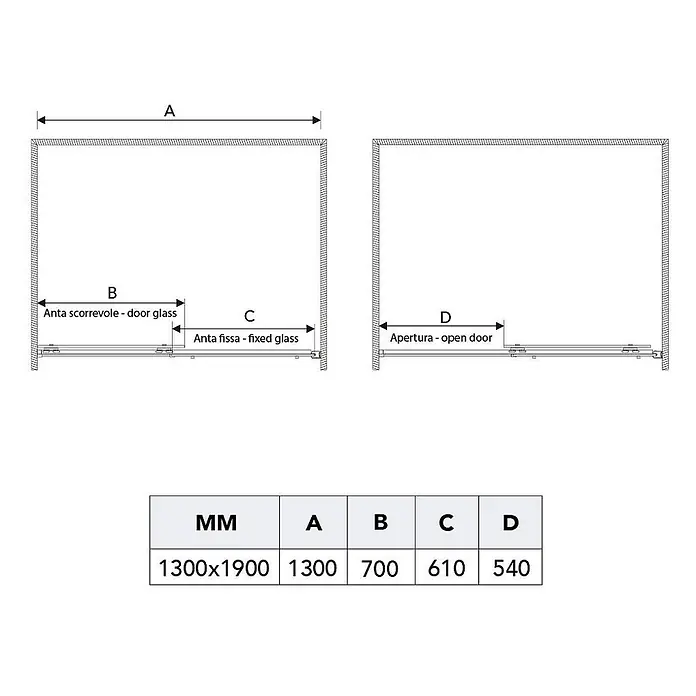 Kiamami Valentina Eckdusche - 1.300 x 700 x 1.900 cm, Transparent, Stärke: 6 mm - Technische Zeichnung eines Schiebetürduschsystems, mit Gesamt-, Festglas-, Türglas- und Türöffnungsmaßen.