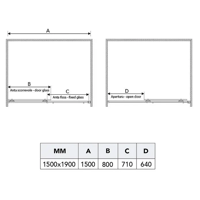 Kiamami Valentina Eckdusche - 1.500 x 700 x 1.900 cm, Transparent, Stärke: 6 mm - Schema der Maße eines Schiebetürsystems (gesamt, Tür, Festteil, Öffnung) und Maßtabelle.