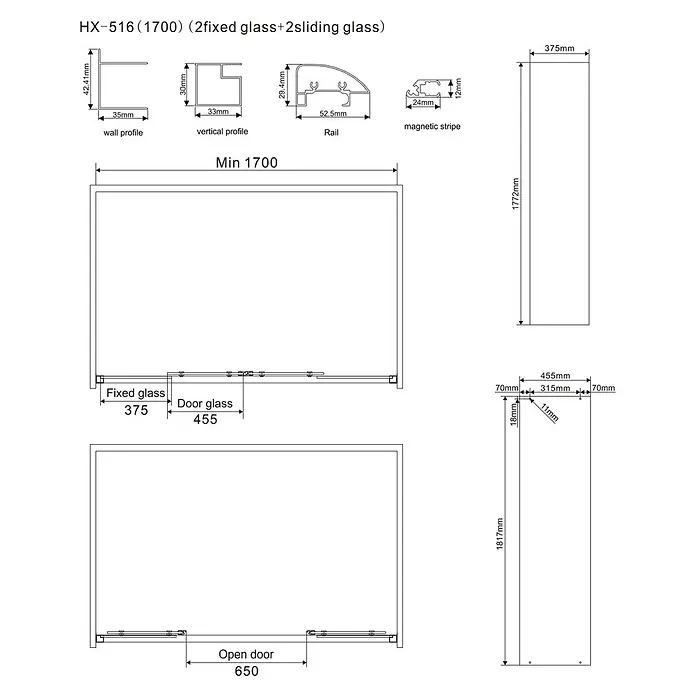 Kiamami Valentina Eckdusche - 1.700 x 800 x 1.850 cm, Transparent, Stärke: 6 mm - Technische Zeichnungen der Duschkabine HX-516 (1700), mit Profilen und Glasmaßen für 2 feste und 2 verschiebbare Glaspaneele.