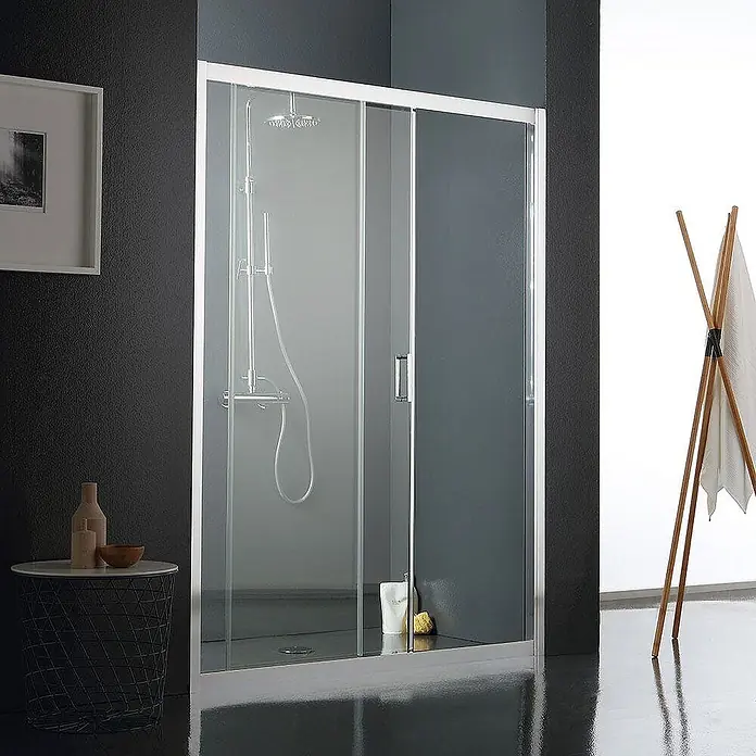 Kiamami Valentina Nischendusche - 5 x 185 cm, Transparent, 6 mm - Duschkabine mit weißem Rahmen und Schiebetüren, mit klarem und satiniertem Glas.