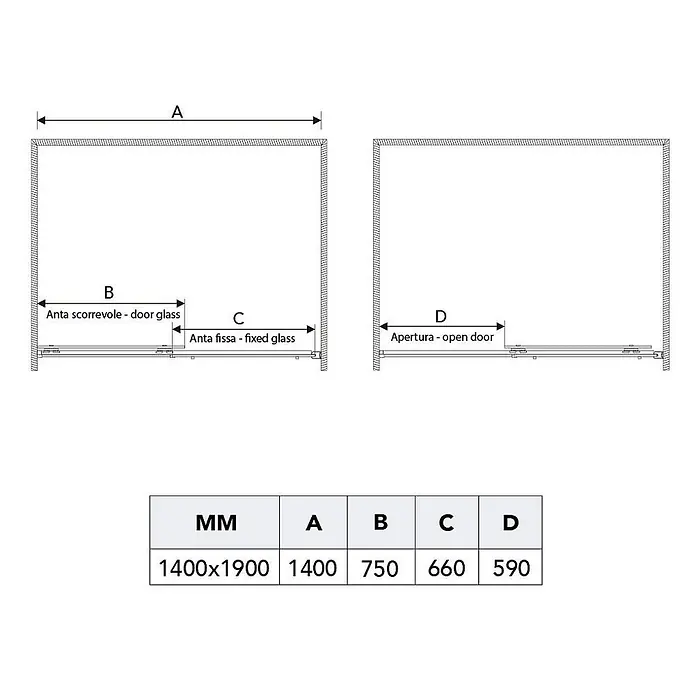 Kiamami Valentina Nischendusche - Transparent, 6 mm - Diagramm einer Schiebetür mit Gesamtbreite, Tür-, Festglas- und Öffnungsmaßen.