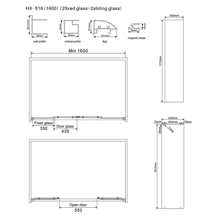 Kiamami Valentina Eckdusche - 1.700 x 800 x 1.850 cm, Transparent, Stärke: 6 mm - Technische Zeichnung einer Duschkabine HX-516 (mind. 1600mm breit) mit 2 festen und 2 verschiebbaren Glaspaneelen, detaillierte Profil- und Glasmaße.