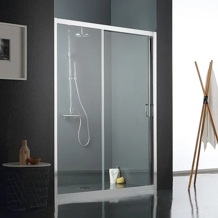 Kiamami Valentina Nischendusche - 5 x 185 cm, Transparent, 6 mm - Moderne Duschkabine mit klaren Schiebetüren aus Glas und silberfarbenem Rahmen.