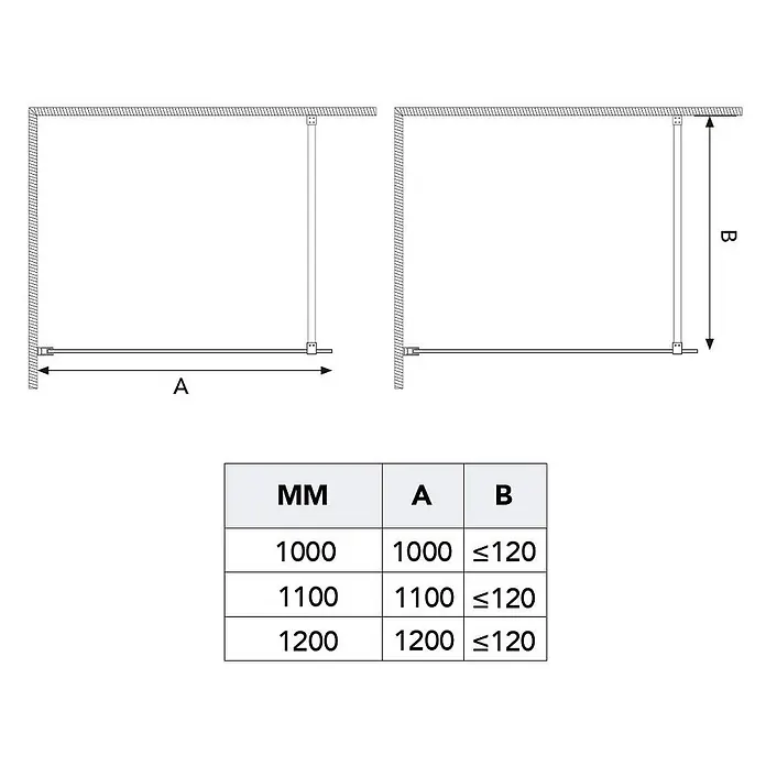 Kiamami Valentina Duschwand - B x H: 45 x 1.900 cm, Transparent - Technische Zeichnungen einer Glasduschwand mit Maßen A (Breite) und B (Stützstangenabstand). Tabelle zeigt Größen 1000-1200mm für A, B ≤ 120mm.