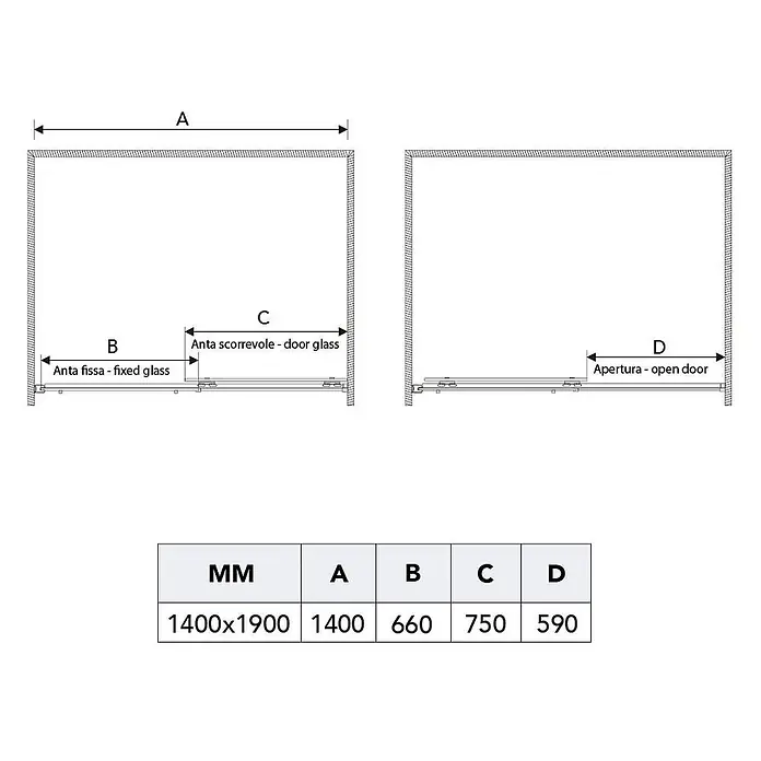 Kiamami Valentina Nischendusche - Transparent, 6 mm - Diagramm mit Maßen einer Schiebetürduschkabine: Gesamtbreite, festes Glas, Schiebetür und Öffnungsbreite.