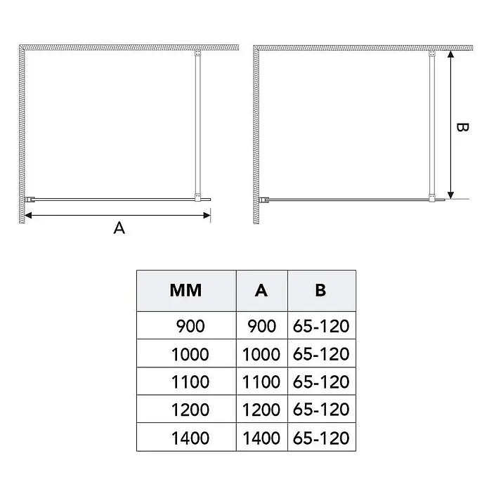 Kiamami Valentina Duschwand - B x H: 60 x 2.000 cm, Schwarz, Transparent - Duschstangensystem in Strichzeichnungen mit Maßen A und B, dazu eine Größentabelle.